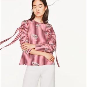 Zara striped with birds and bows on sleeves top